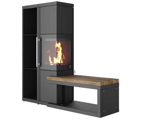 Kaminofen Drooff Livera 2L mit Bank und Holzregal