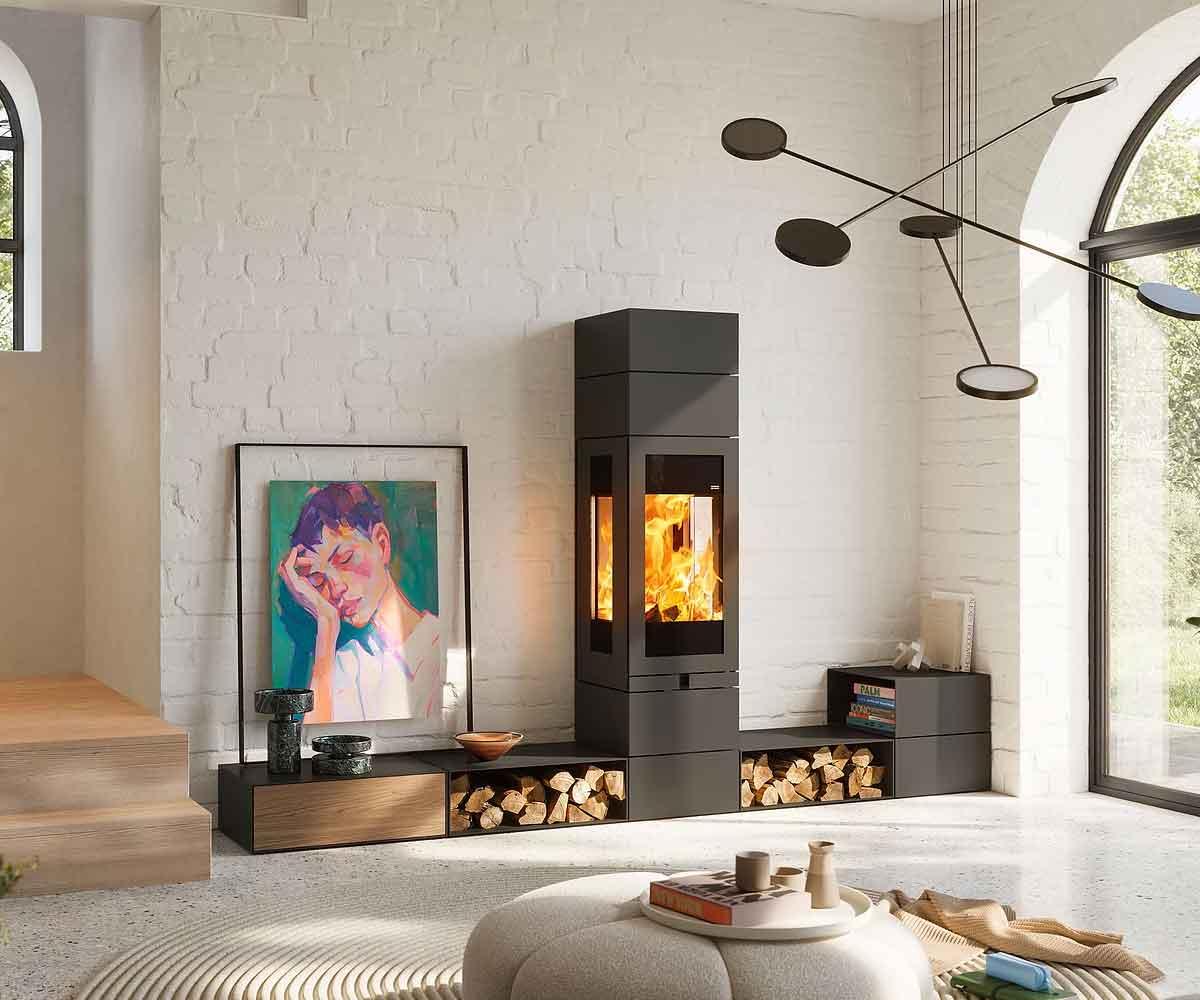 Kaminofen Skantherm Elements 400 3 Seiten mit 3 Zusatzmodulen und Boxen
