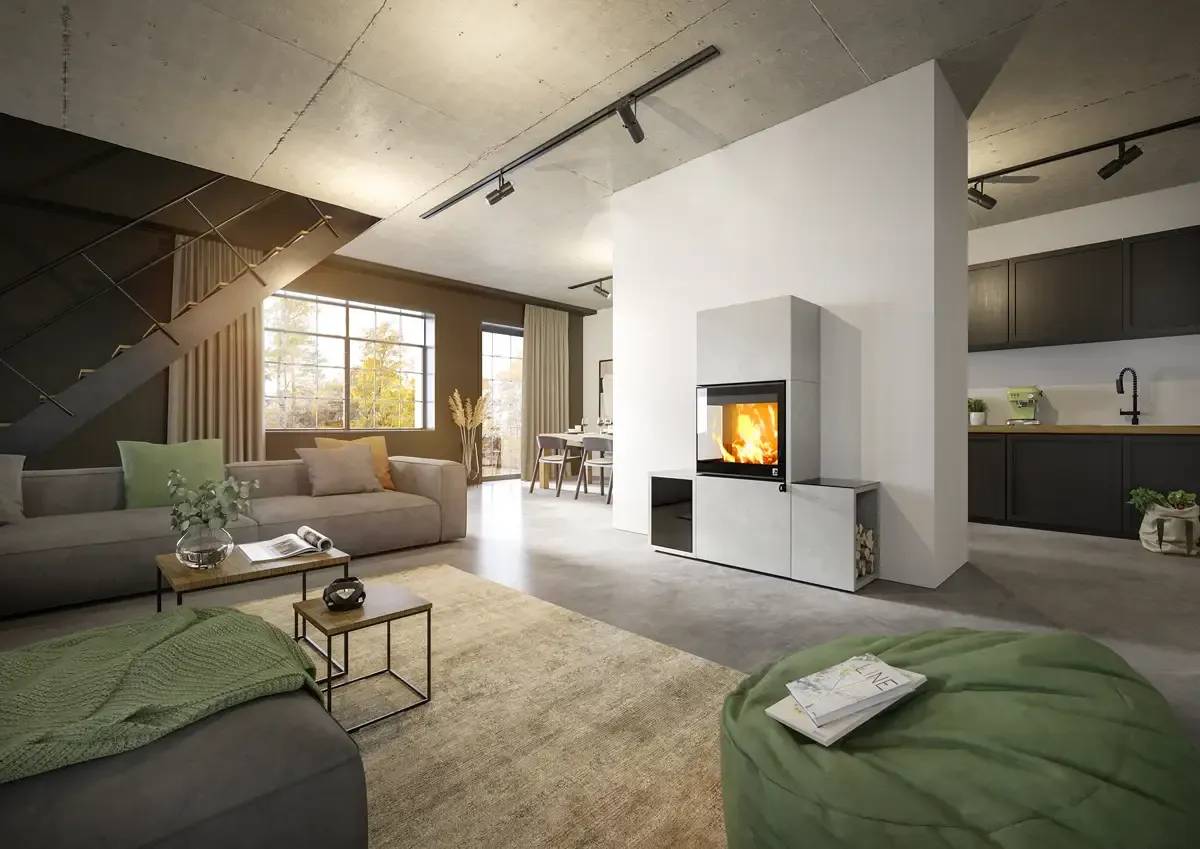 Kaminofen Drooff Livera Panorama L ArtBeton mit optionalem Zubehör